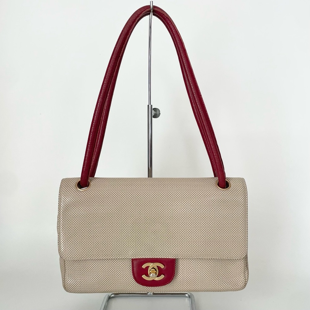 Authentic Chanel Perforated CC Flap Bag Vintage Beige Red